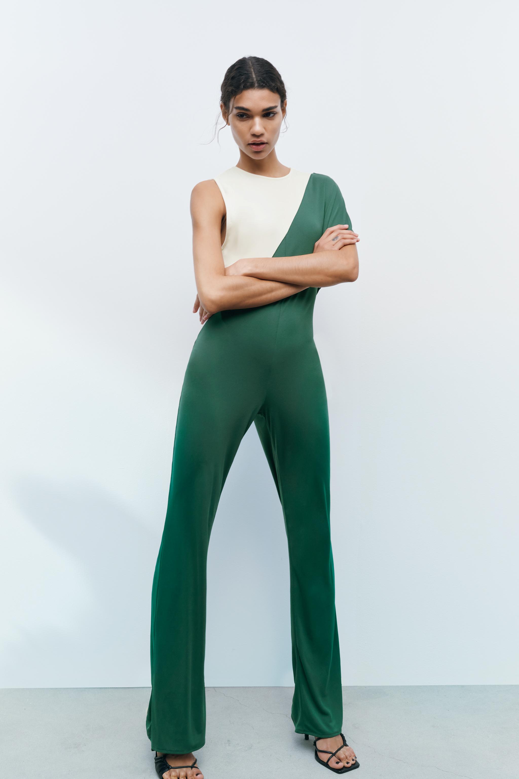 LONG FLOWING JUMPSUIT Ecru Green ZARA Spain